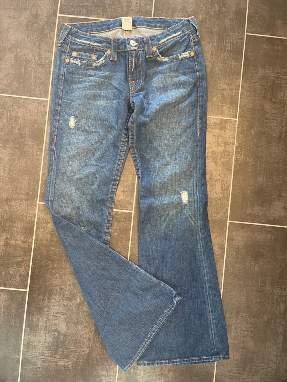 True Religion Joey Distressed Dark Wash Flare Jeans Sz 32